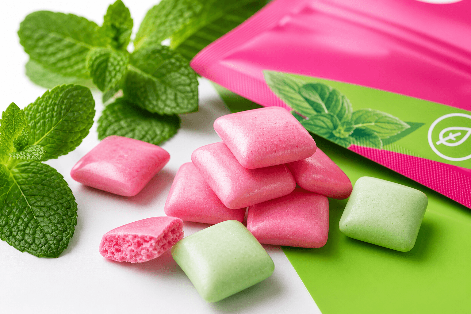 Detalhe de chicletes energéticos sabor menta